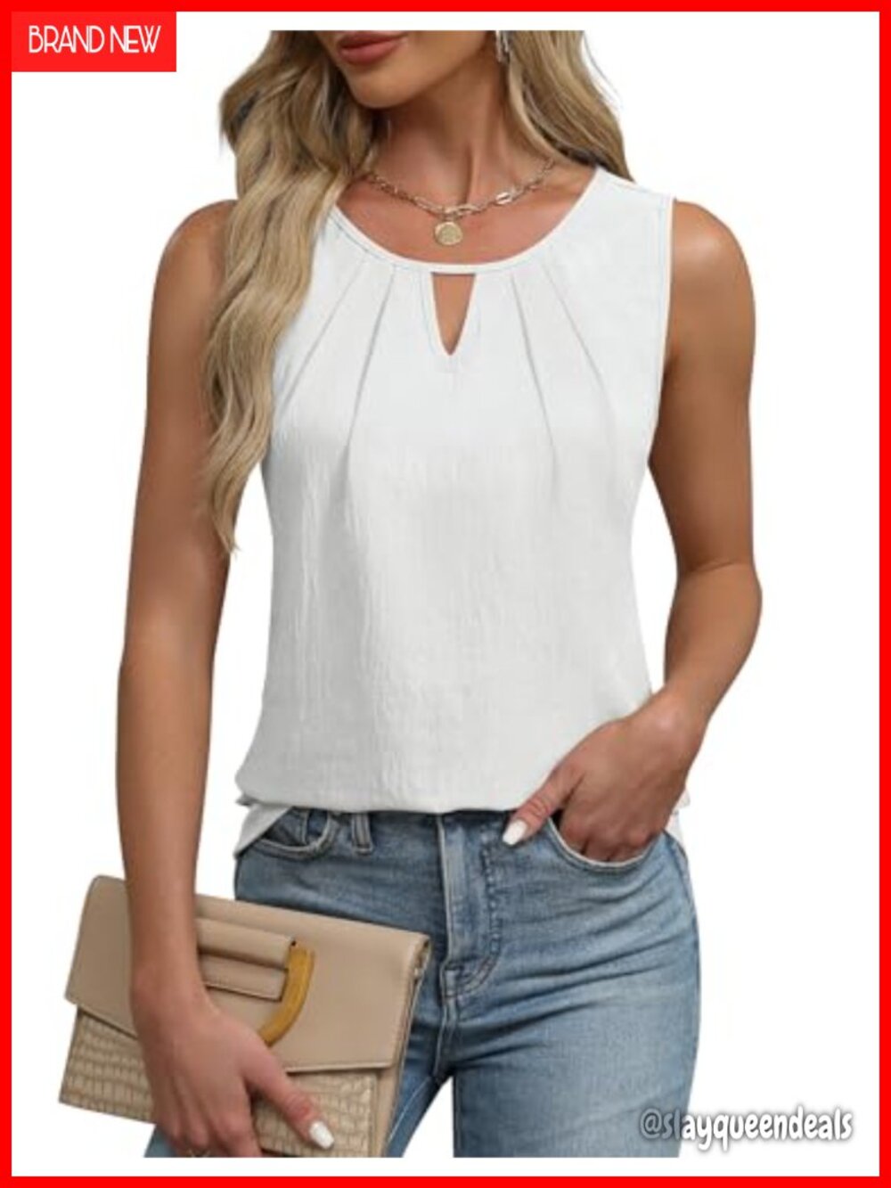 Sleeveless Pleated Keyhole Tank Top Business Casual Loose Fit Summer Work